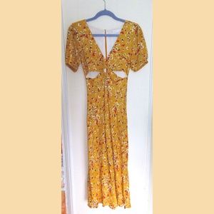 Kookai summer maxi dress; size S; mustard, yellow, floral; cutouts